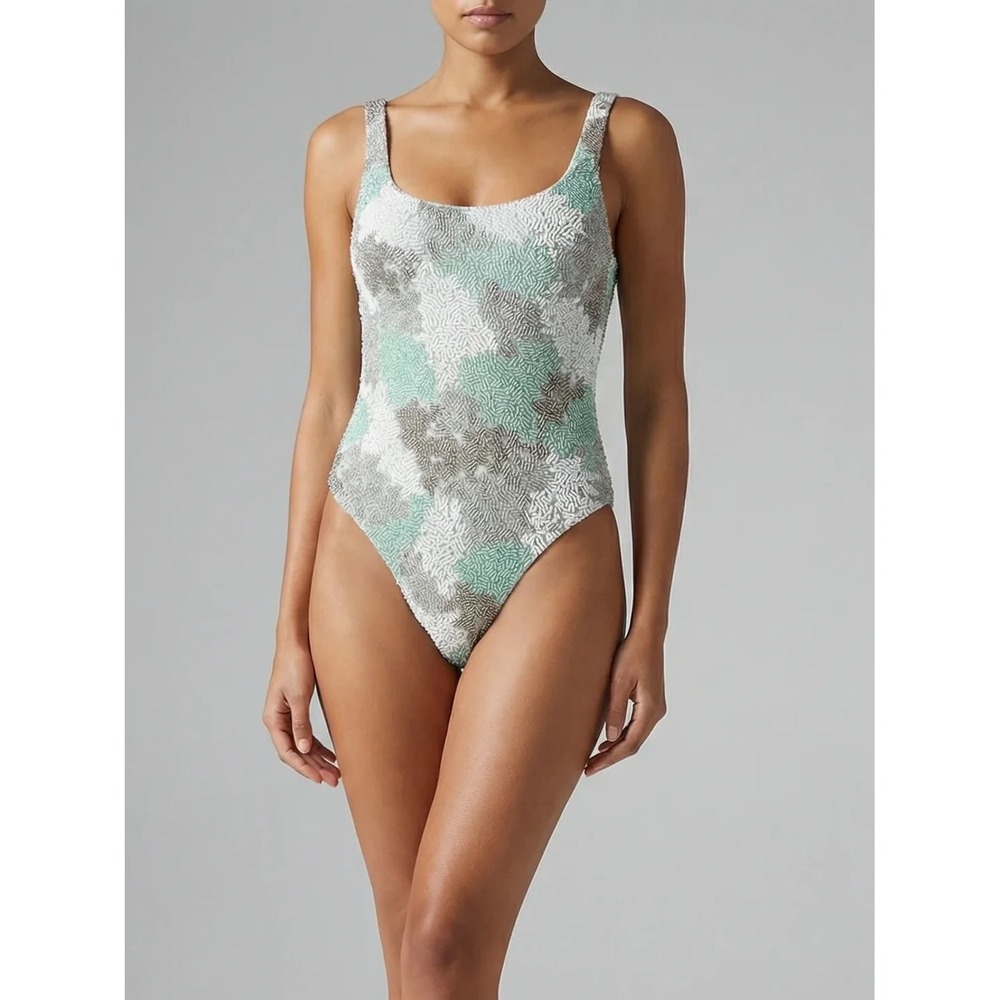 Oceanus Leilani Sequin One Piece Swimsuit Mint Green Grey XS New swimwear